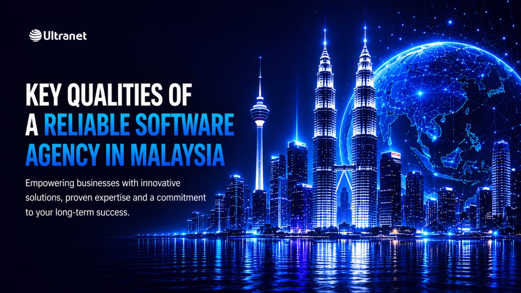 Futuristic Kuala Lumpur skyline with digital globe representing the key qualities of a reliable software agency in Malaysia and the country's growing technology ecosystem.
