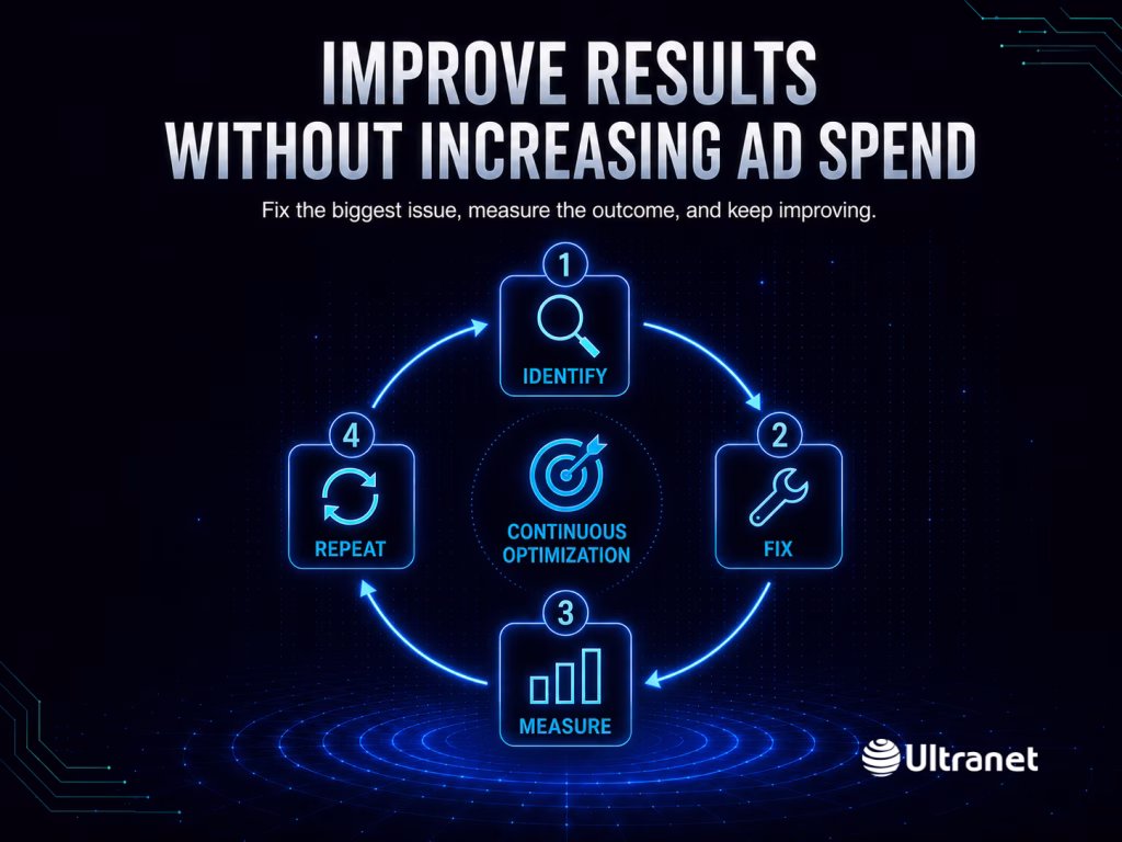 Website conversion optimization process showing identify, fix, measure and repeat steps to improve results without more ad spend.