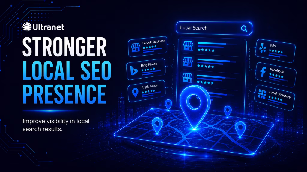 Local search optimisation graphic showing improved visibility in maps, directories and Malaysia-based search results